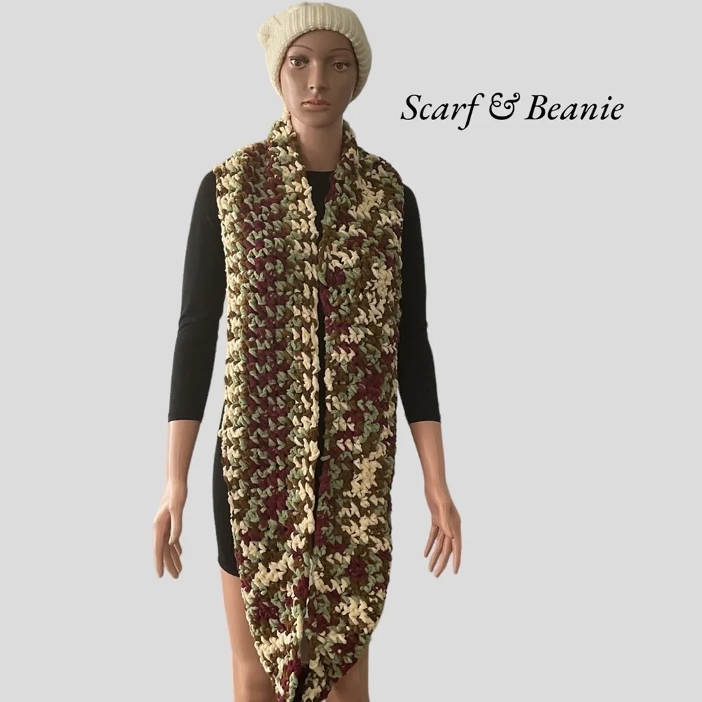 Women infinity‎ Knit Scarf Beanie Hat Cream,Off White Green Cranberry.